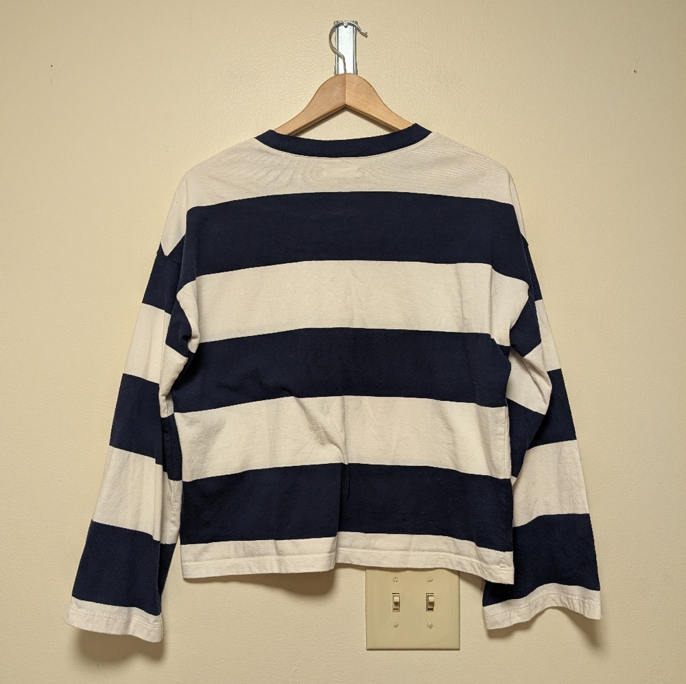 Madewell Wide Stripe Long Sleeve Cropped Tee Navy Cream Size M - Picture 3 of 6